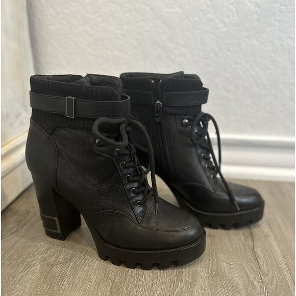 New Antonio Melani 9.5 Perline Leather Lac Up Platform Heel Booties Black - Picture 1 of 7